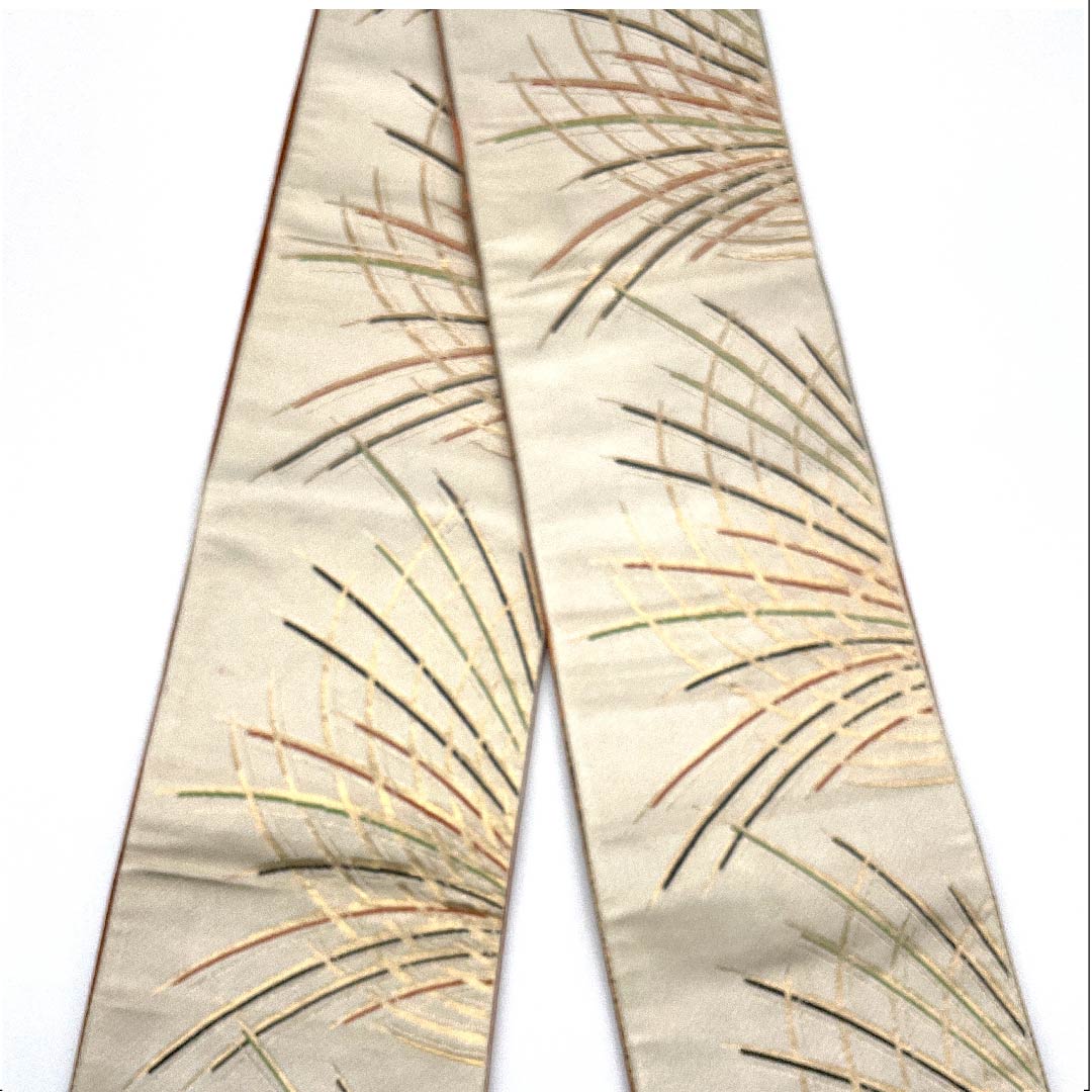 【Unfinished】Half-width obi, polyester, S rank, off-white, geometric pattern, obi length 348 cm, cream-colored, 1125001032315