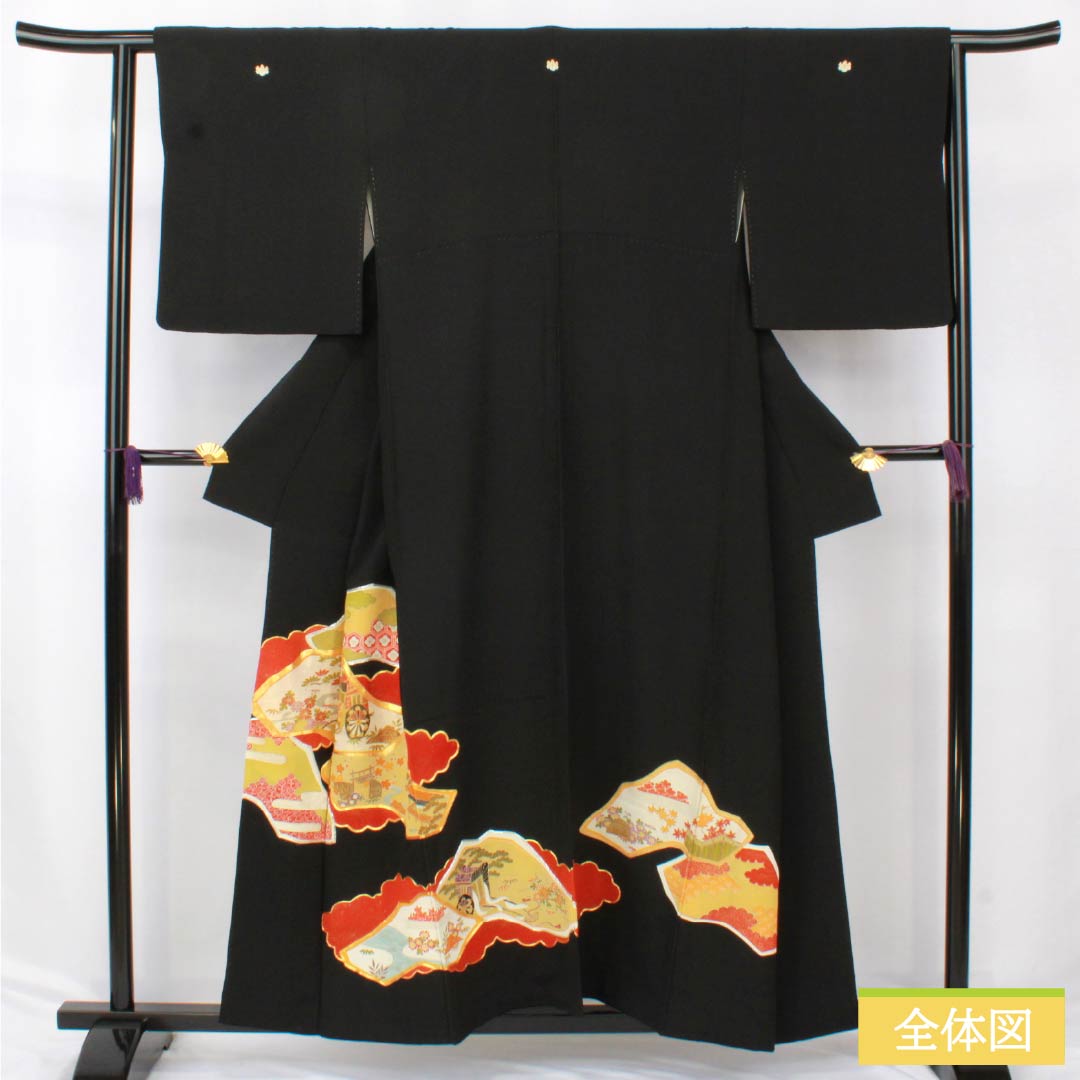 Black Tomesode (Japanese Kimono) - Pure Silk, Grade A, Length 155.5cm, Sleeve Length 63cm, Lined, Kyoto Yuzen, Five Crests, Gosan Paulownia, Auspicious Motifs, Imperial Carriage, Chaya-tsuji, Five Crests, Black, Item Number 1111001943310