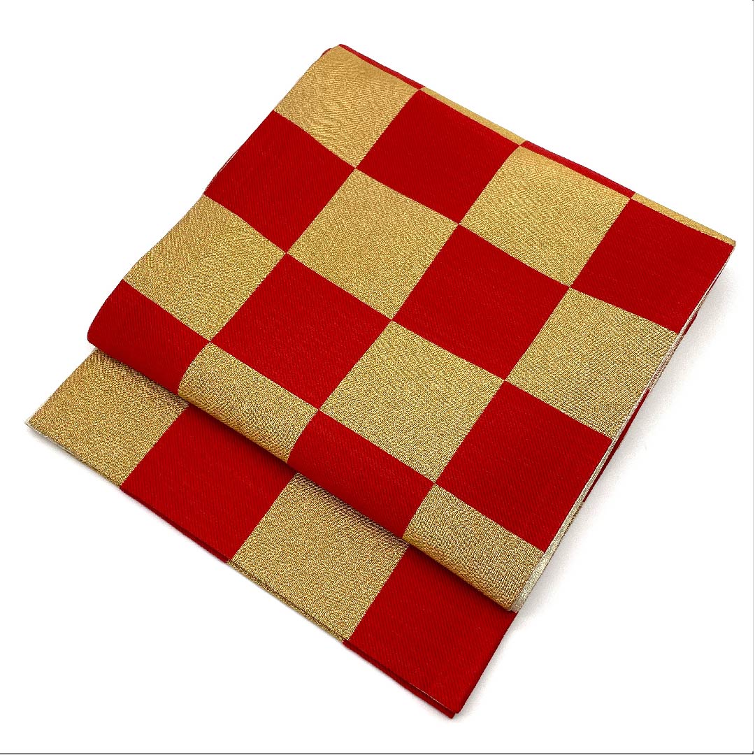 Gold-colored Fukuro Obi for Furisode, Checkered, Length 440cm, Pure Silk, S-Rank, Six-way, Formal, Gold-based, 1123006252321
