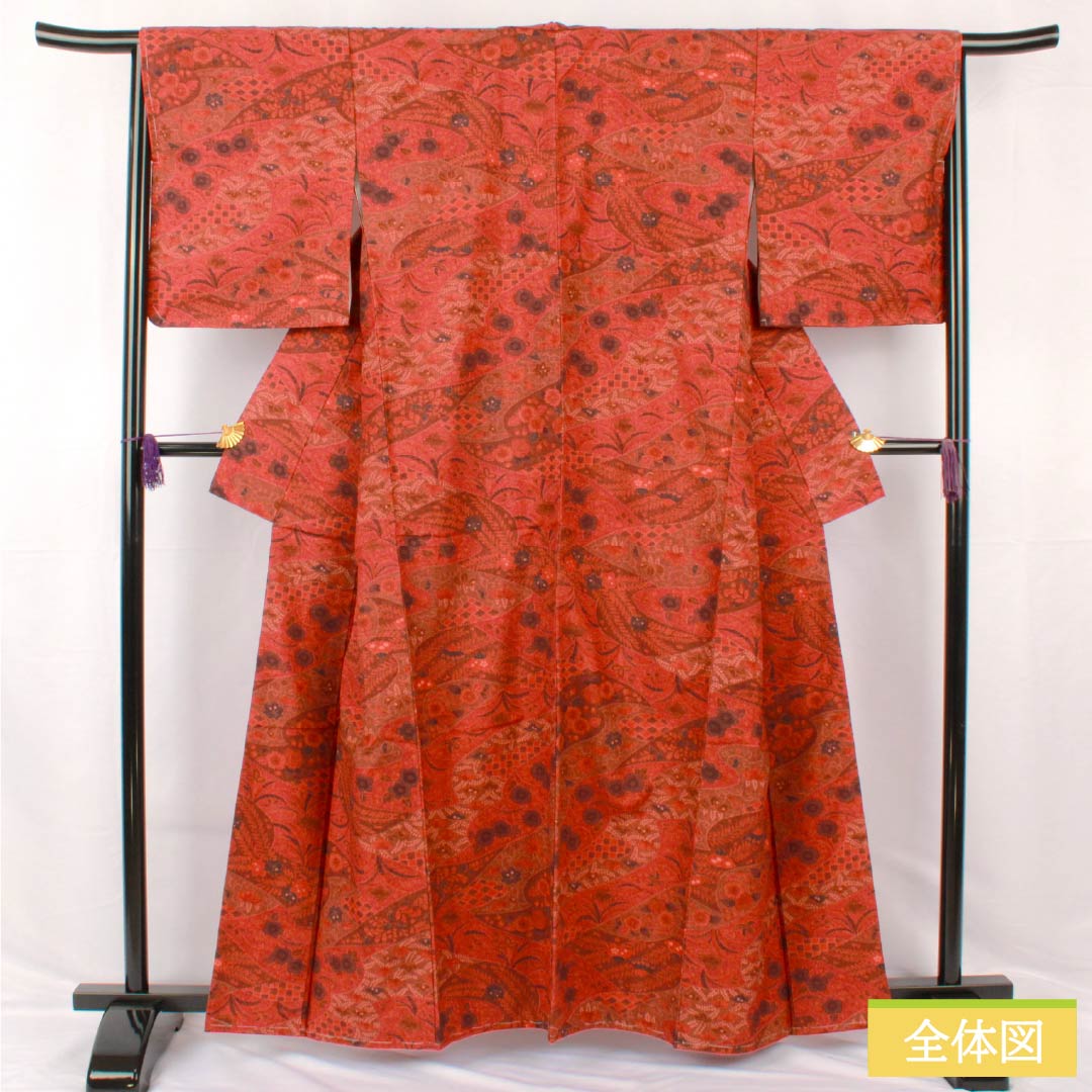 Komon, pure silk, length 161cm, sleeve length 67cm, lined, deep maple leaf color (koimomijiiro), Tsujigahana, with basting thread, S rank, vermilion, 1115005302416