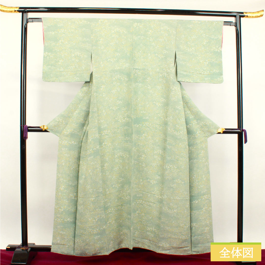 小紋 正絹 身丈158cm 裄丈61.5cm 袷 裏葉色 草花模様 しつけ糸付き 未使用品 Sランク 緑系 1115003612319