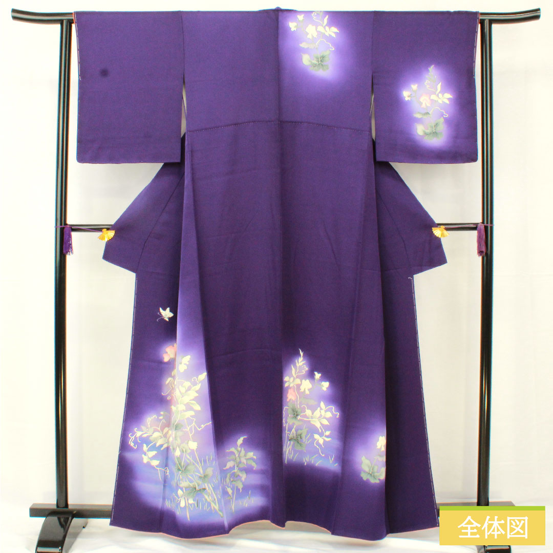 Homongi (formal kimono) made of pure silk, lined, length 160cm, sleeve length 62.5cm, violet, Kyoto Yuzen, floral pattern, A rank, purple, 1112005323420