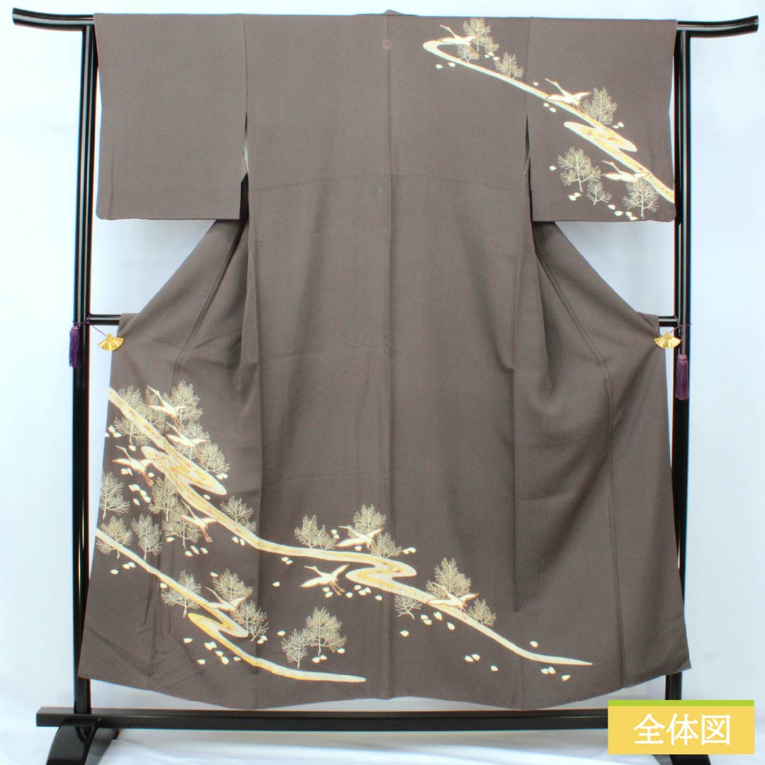 訪問着 正絹 Aランク 袷 身丈152cm 裄丈63.5cm 消炭色(けしずみいろ) 京友禅 一つ紋 陰上り藤 流水 鶴 グレー系 1112007203222