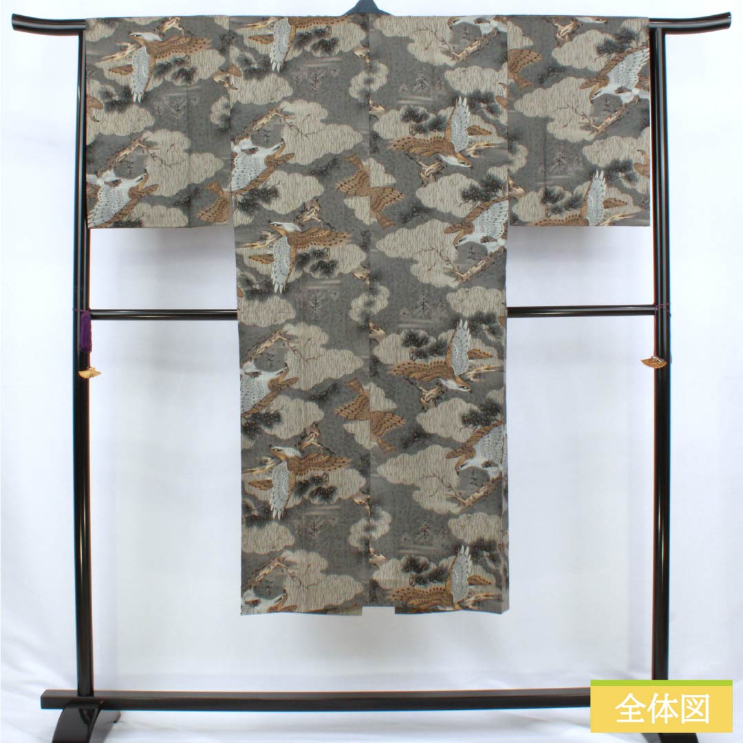 Men's wool nagajuban (long under-kimono), Grade A, length 131.5cm, sleeve length 65cm, indigo and silver soot bamboo color with pine and eagle designs, gray tones, single layer, product number 1140000753322