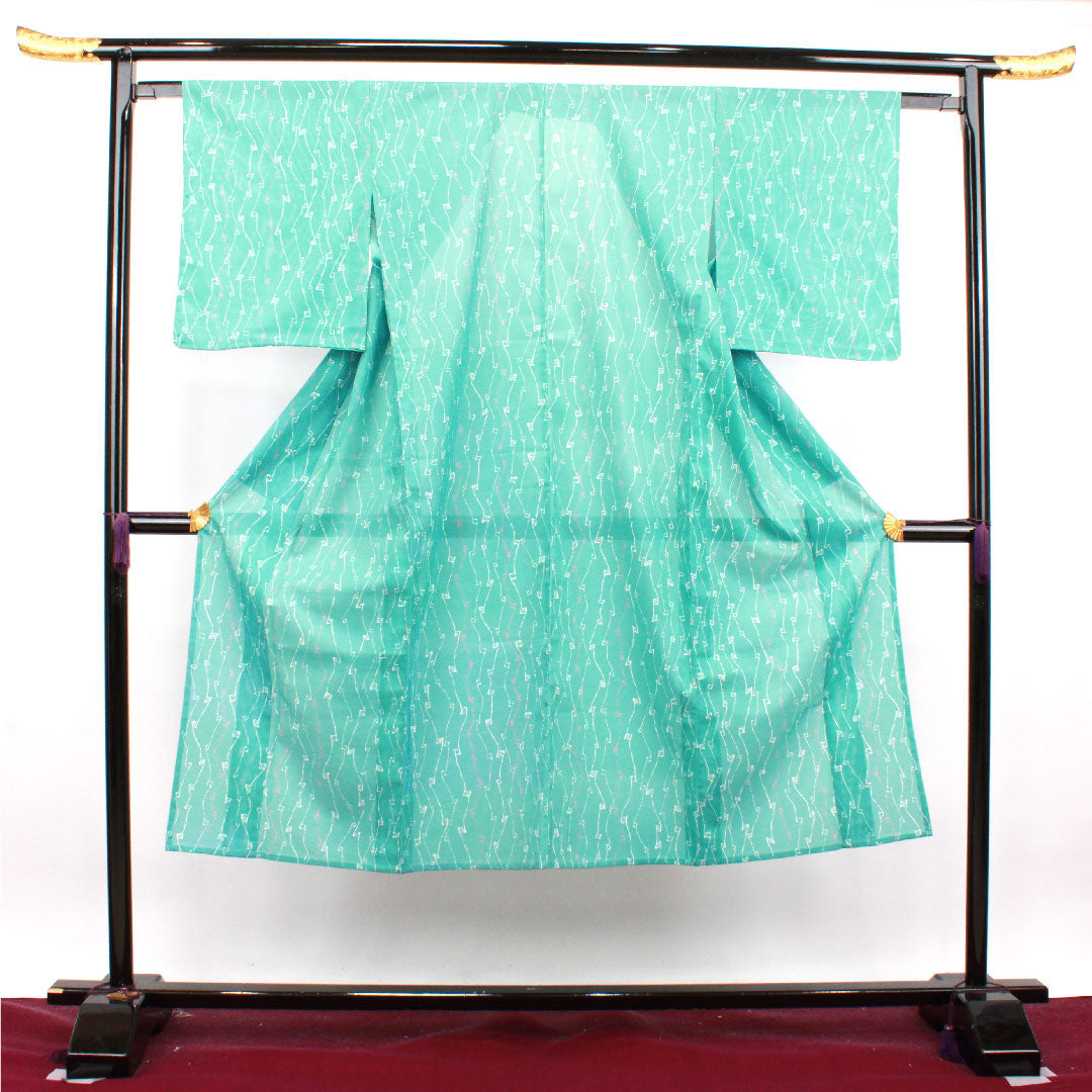 Summer kimono, polyester, small pattern, length 137cm, sleeve length 62cm, light blue, washable kimono, geometric pattern, with basting thread, silk, S rank, light blue, 1132001342124