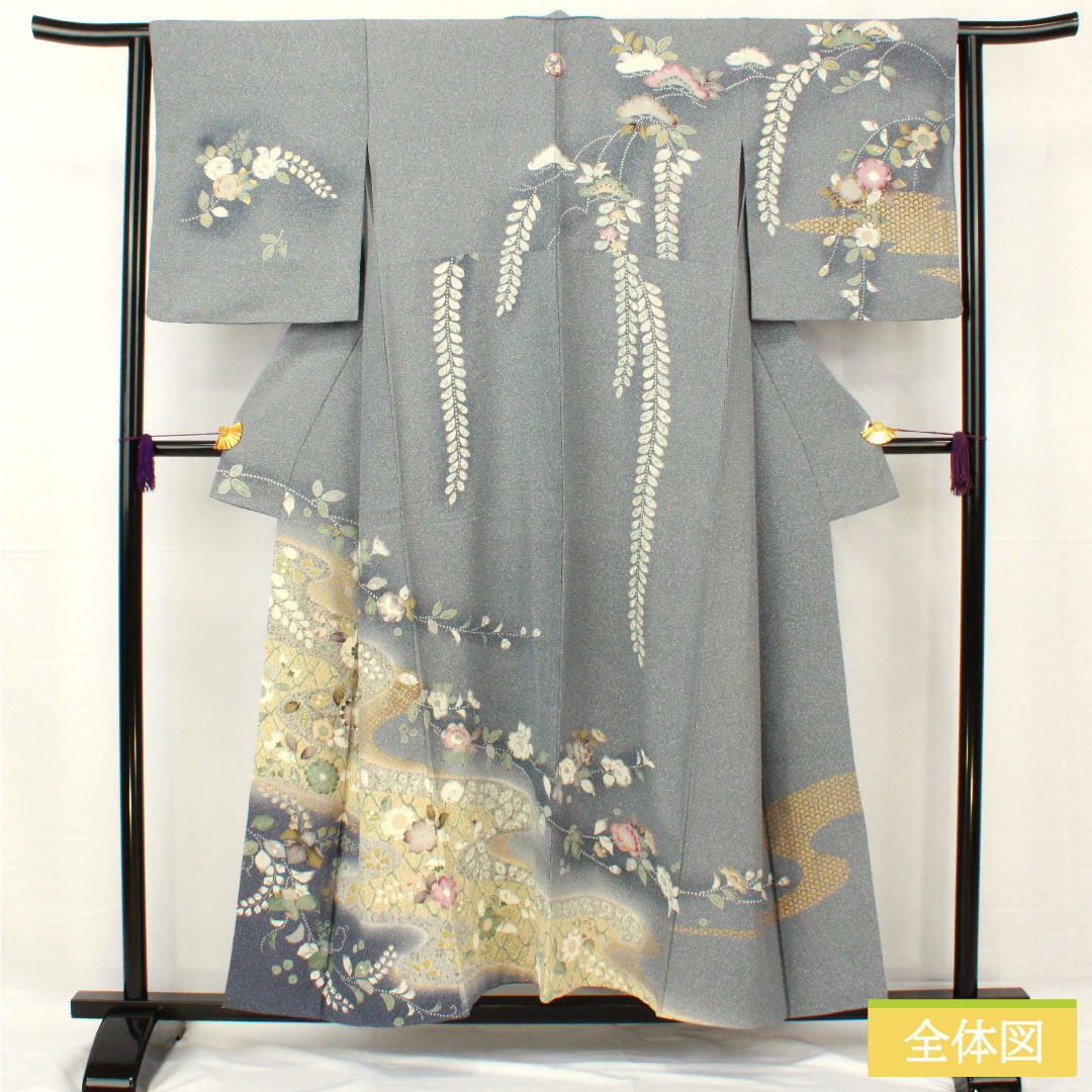 訪問着 正絹 袷 身丈155cm 裄丈63.5cm 青袋鼠色(せいたいねずいろ) 辻ヶ花 タタキ染 一つ紋 花紋 Sランク グレー系 1112005142322