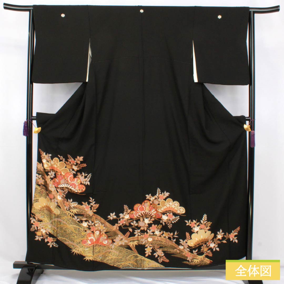 黒留袖 正絹 Aランク 身丈159cm 裄丈64cm 袷 京友禅 五つ紋 五三桐 吉祥文様 松 橘 五つ紋 黒系 1111002073310