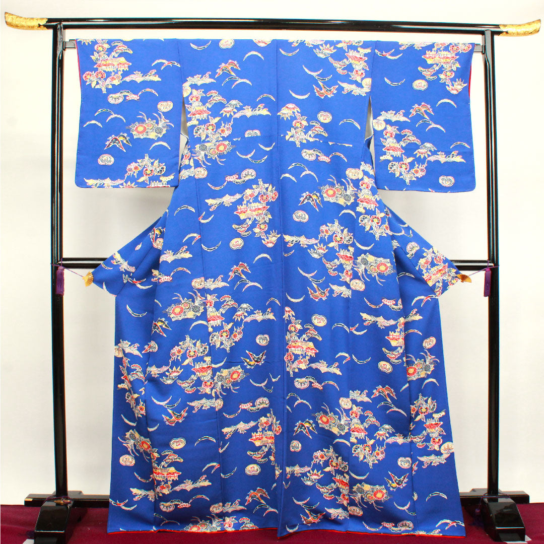 小紋 身丈170cm 裄丈67cm 袷 しつけ糸付き 未使用品 桔梗色 型染 吉祥文様 正絹 Sランク 紺系 1115003372618