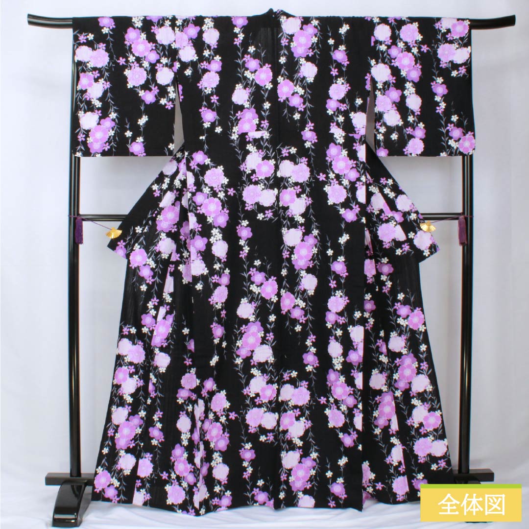 Cotton-linen Yukata, Length 165cm, Sleeve Length 69cm, Rank A, Single-Layer, Black, Weeping Cherry Blossom Pattern, Cotton-linen, 1118006043510