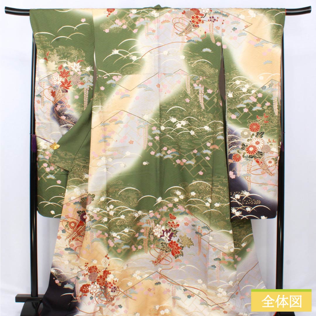 振袖 正絹 Aランク 身丈170.5cm 裄丈68.5cm 袷 山鳩色(やまばといろ) 京友禅 吉祥文様 梅 松 緑系 1113002173619
