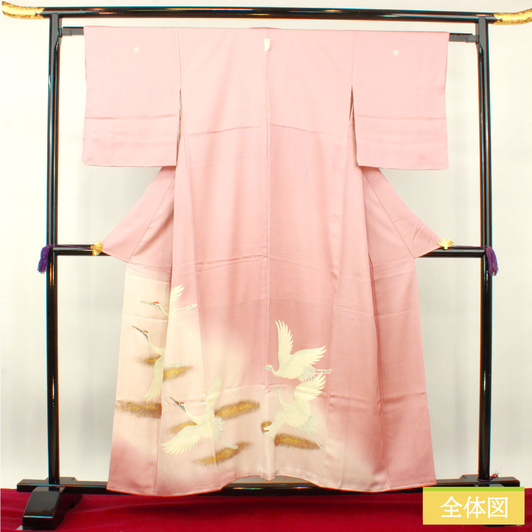 色留袖 正絹 身丈154.5cm 裄丈62.5cm 袷 退紅色(あらそめいろ) 京友禅 鶴 三つ紋 違い鷹の羽 Sランク 三つ紋 ピンク系 1111001232213