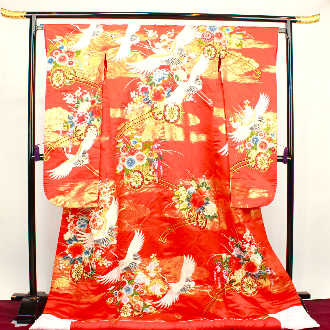 色打掛 身丈185cm 緋色 刺繡 花車 鶴 正絹 Bランク 袷 朱系 1110000264916