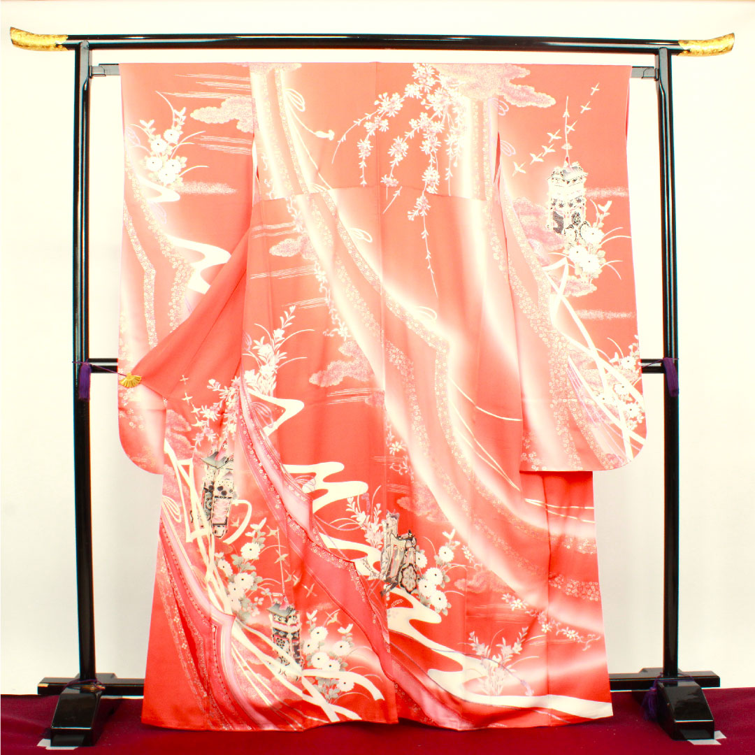 Long-sleeved kimono, length 166cm, sleeve length 63cm, lined, medium red, spear, floral pattern, pure silk, A rank, vermilion, 1113001463516