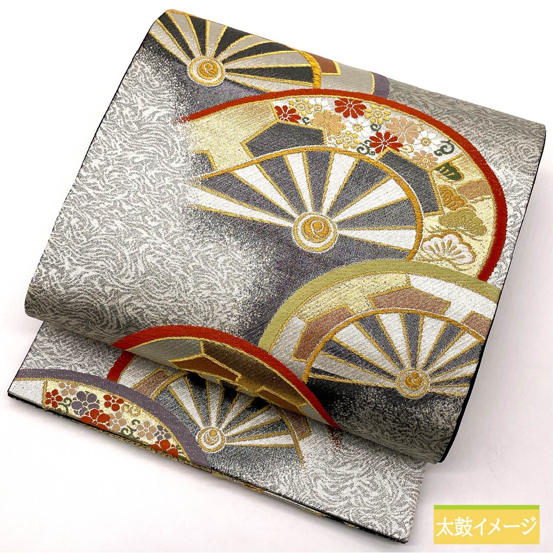 Fukuro Obi, pure silk, for Tomesode and Furisode, wheel pattern, pine, obi length 418cm, S rank, six-way, formal, silver, 1123013632322