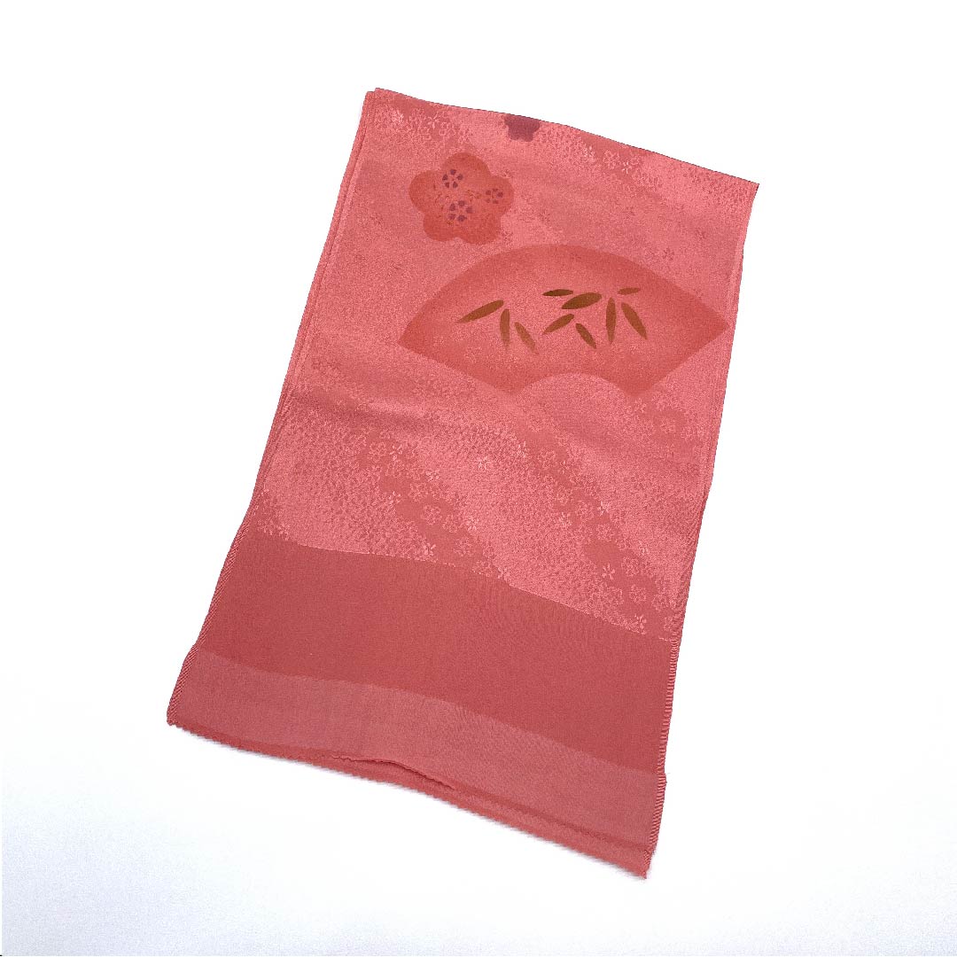 (新古品) 帯揚げ 正絹 フォーマル 桃紅色色(とうこうしょくいろ) 梅 笹 扇面 長さ約179cm 幅約30cm Sランク ピンク系 1136000222913