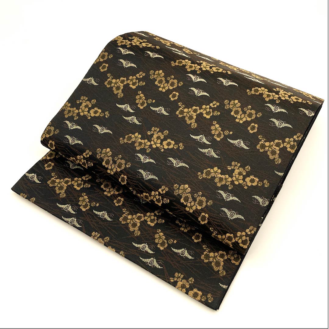 Fukuro Obi Black Pine Plum Bird Obi Length 454cm Pure Silk S Rank Full Length Casual Black 1123002852410
