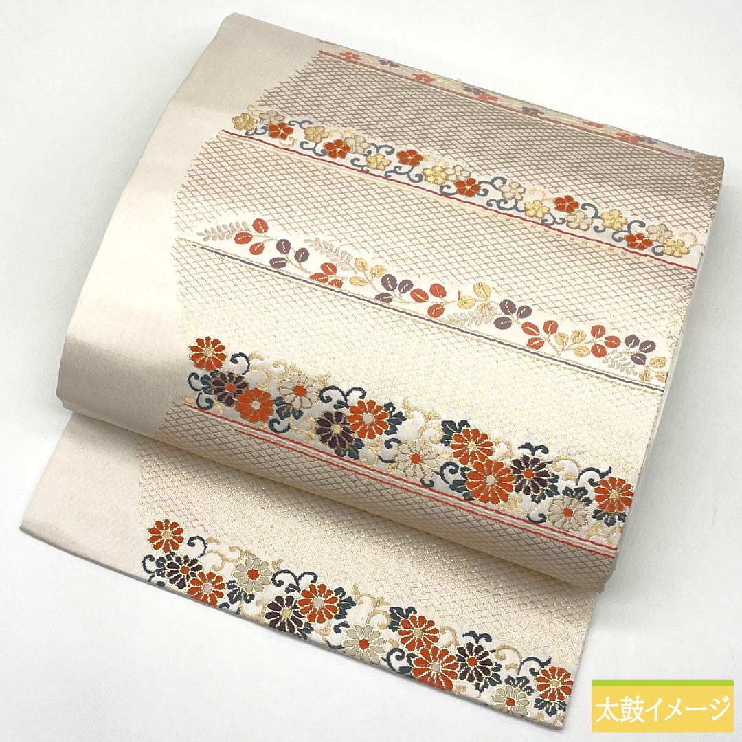 Nagoya Obi, Pure Silk, Grade B, Gofun-iro (White Powder-Colored), Chinese Flower Pattern, Horizontal Stripes, Pointed Pattern, Semi-Formal, 358cm Long, White, Item Number 1124009604311, Nagoya Style
