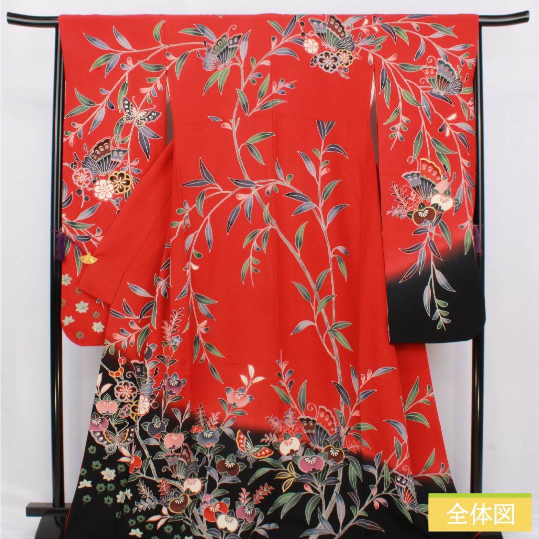 Furisode (long-sleeved kimono) made of pure silk, S-rank, length 167cm, sleeve length 66cm, lined, red, Kyoto Bingata (dyed dye) pattern, auspicious motifs of butterflies, tangerines, and reddish tones, product number 1113002322512