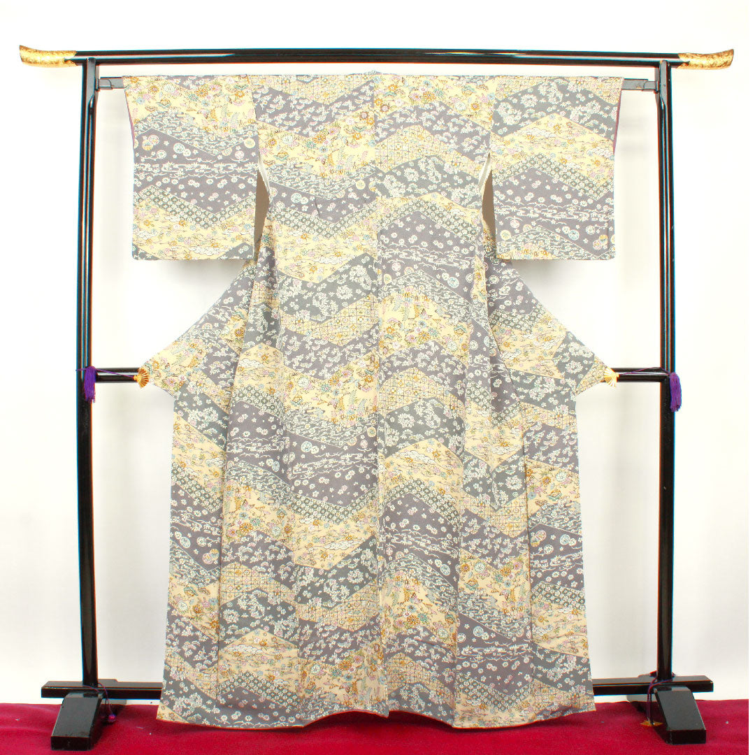 小紋 身丈160.5cm 裄丈62cm 袷 燻銀色 麴色 京紅型 正絹 Aランク グレー系 1115002453422