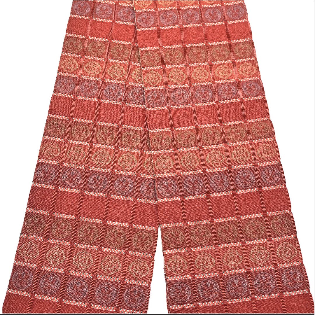 【未仕立】半幅帯 木綿 Sランク 緋銅色色(ひどうしょくいろ) 市松 丸紋 帯丈330cm 朱系 1125000382316