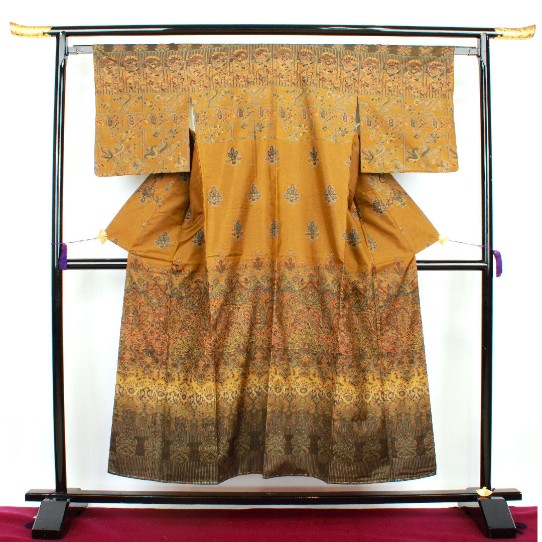 Homongi (formal kimono) Length 151.5cm Sleeve length 62.5cm Agarwood brown Tsumugi fabric Sarasa pattern Pure silk S rank Brown 1112001972214
