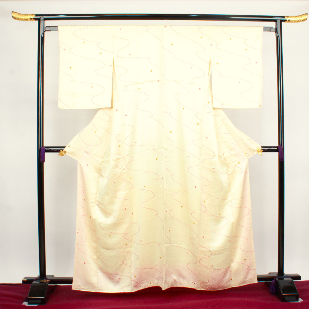 小紋 身丈162cm 裄丈60.5cm 袷 練色 絞り 抽象模様 正絹 Aランク クリーム系 1115003063415