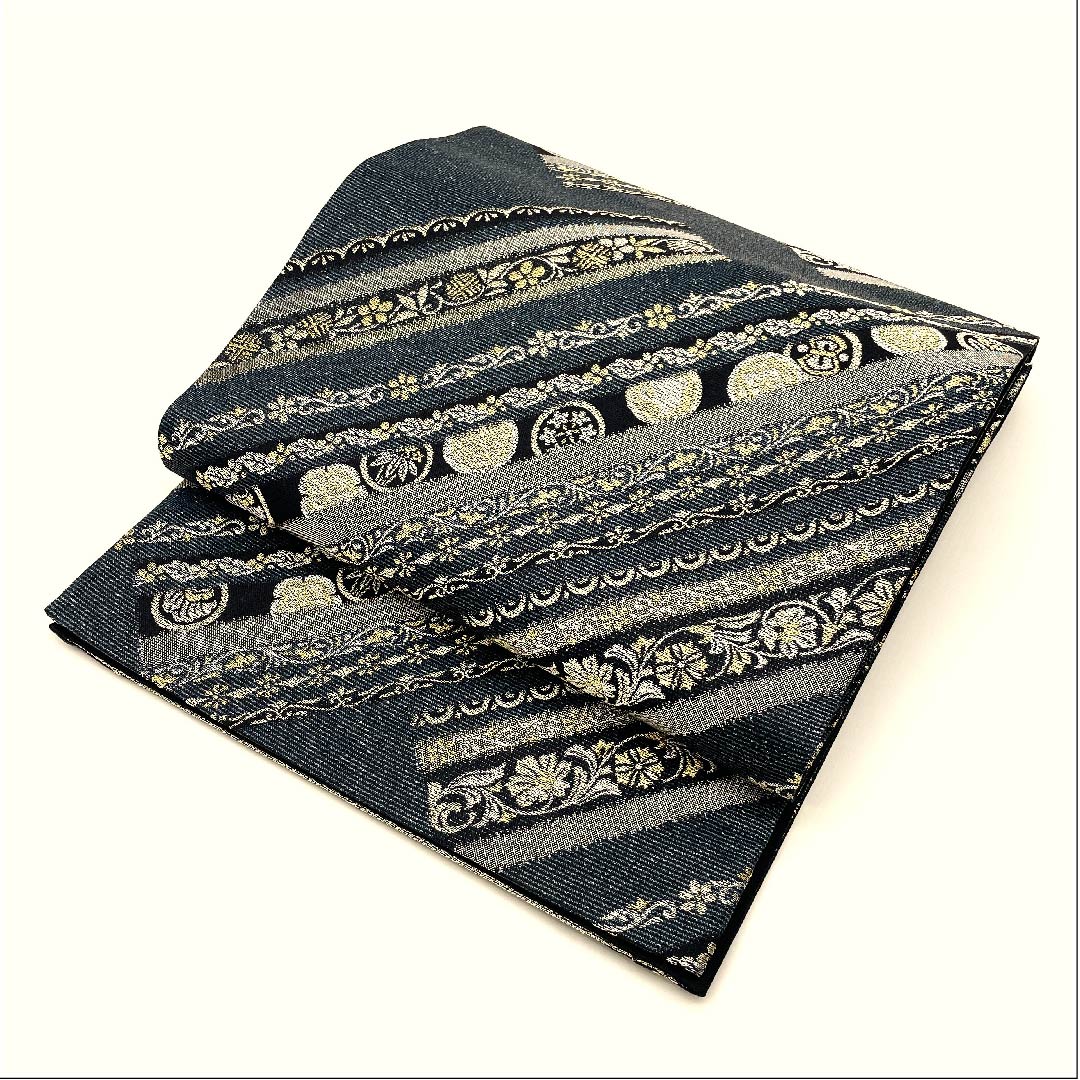 袋帯 鉄紺色(てつこんいろ) 花模様 帯丈448cm 正絹 Sランク 六通 フォーマル 紺系 1123003182318