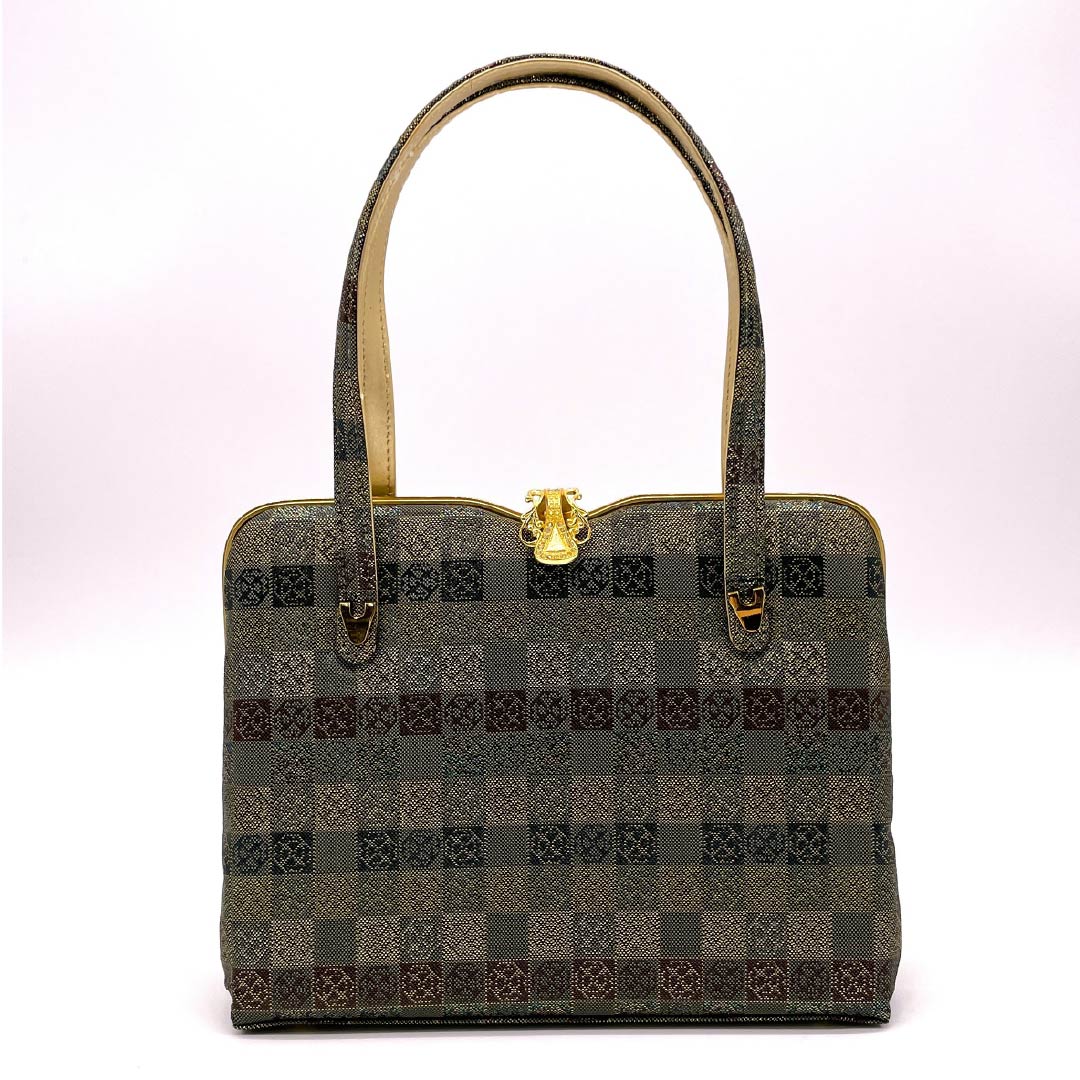 Formal Japanese style bag, dull color, for Tomesode, checkered pattern, classic pattern, green, S rank, 113900057219