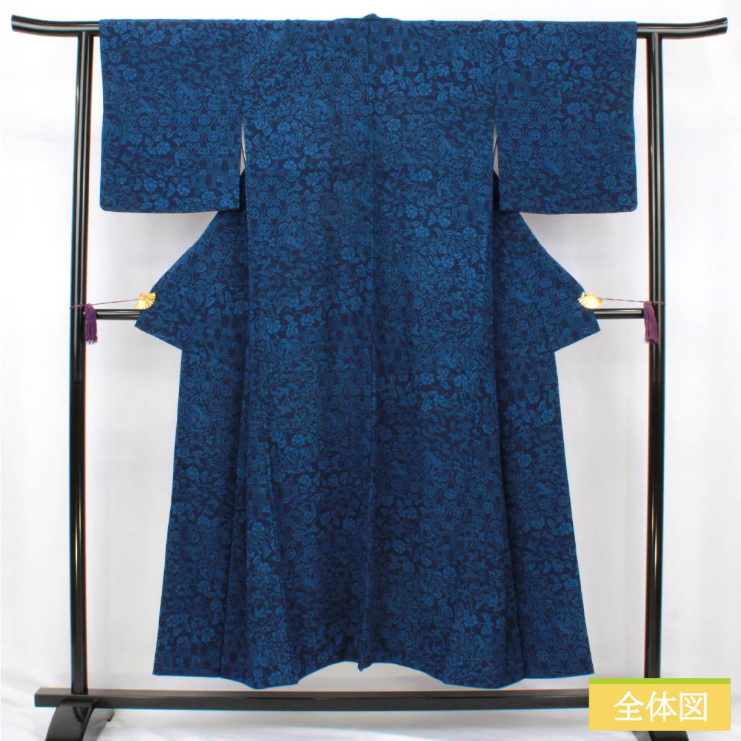 Komon silk S rank kimono, length 150cm, sleeve length 62cm, lined, navy blue (kon-iro) indigo dye, auspicious motif, navy blue, product number 1115007432118