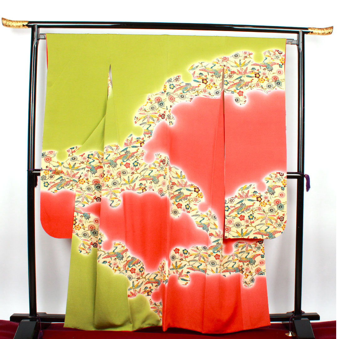 振袖 身丈162cm 裄丈65cm 袷 青丹色 京紅型 吉祥文様 正絹 Sランク 緑系 1113000872419