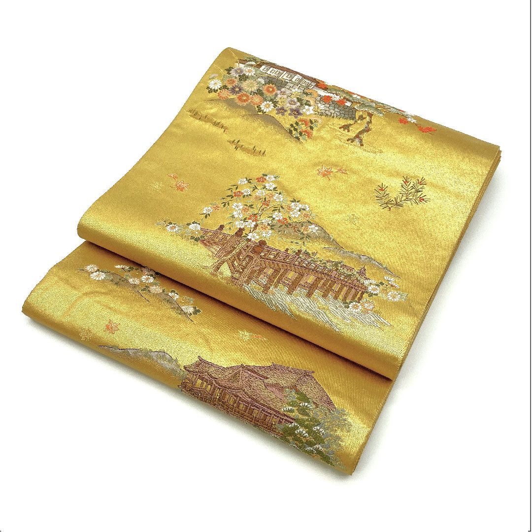【未仕立】袋帯 正絹 Aランク 京洛絵文 本金箔 帯丈438cm 六通 フォーマル 金系 1123004413321
