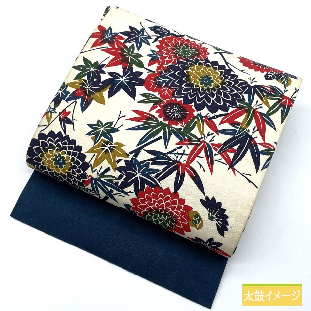Nagoya obi, natural color (kinari-iro), stencil-dyed, chrysanthemum, autumn leaves, obi length 352cm, cotton, S rank, full length, casual, cream color, 1124008062315, Nagoya style