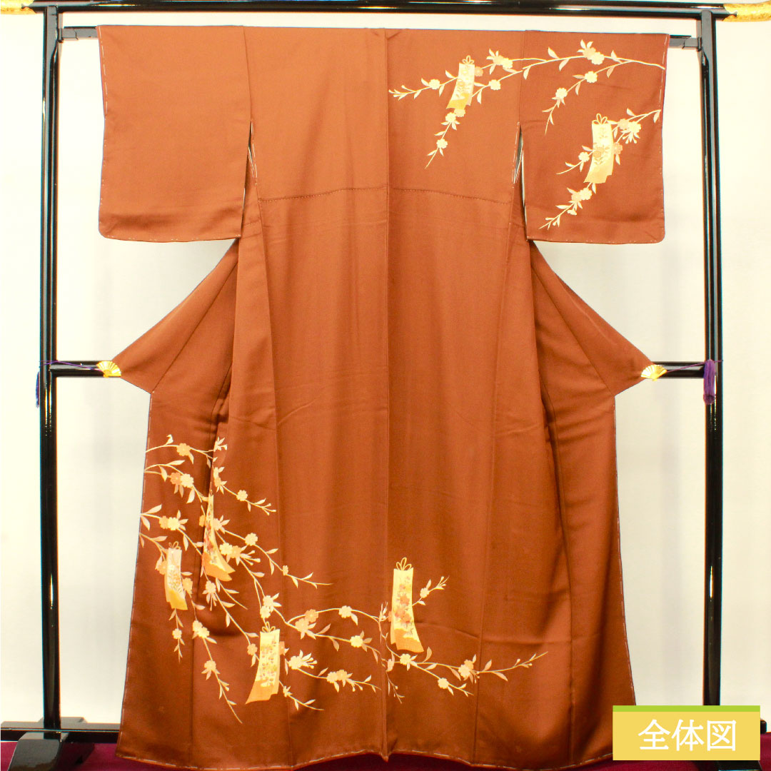 訪問着 正絹 袷 身丈163.5cm 裄丈63.5cm 海老茶色(えびちゃいろ) 京友禅 蘇州刺繡 汕頭刺繡 草花模様 しつけ糸付き Sランク 茶系 1112004432414