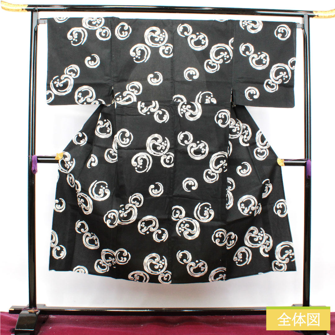 Men's cotton yukata, length 144cm, sleeve length 67.5cm, S rank, unlined, black, abstract pattern, Ryoko Kikuchi 1118004952410