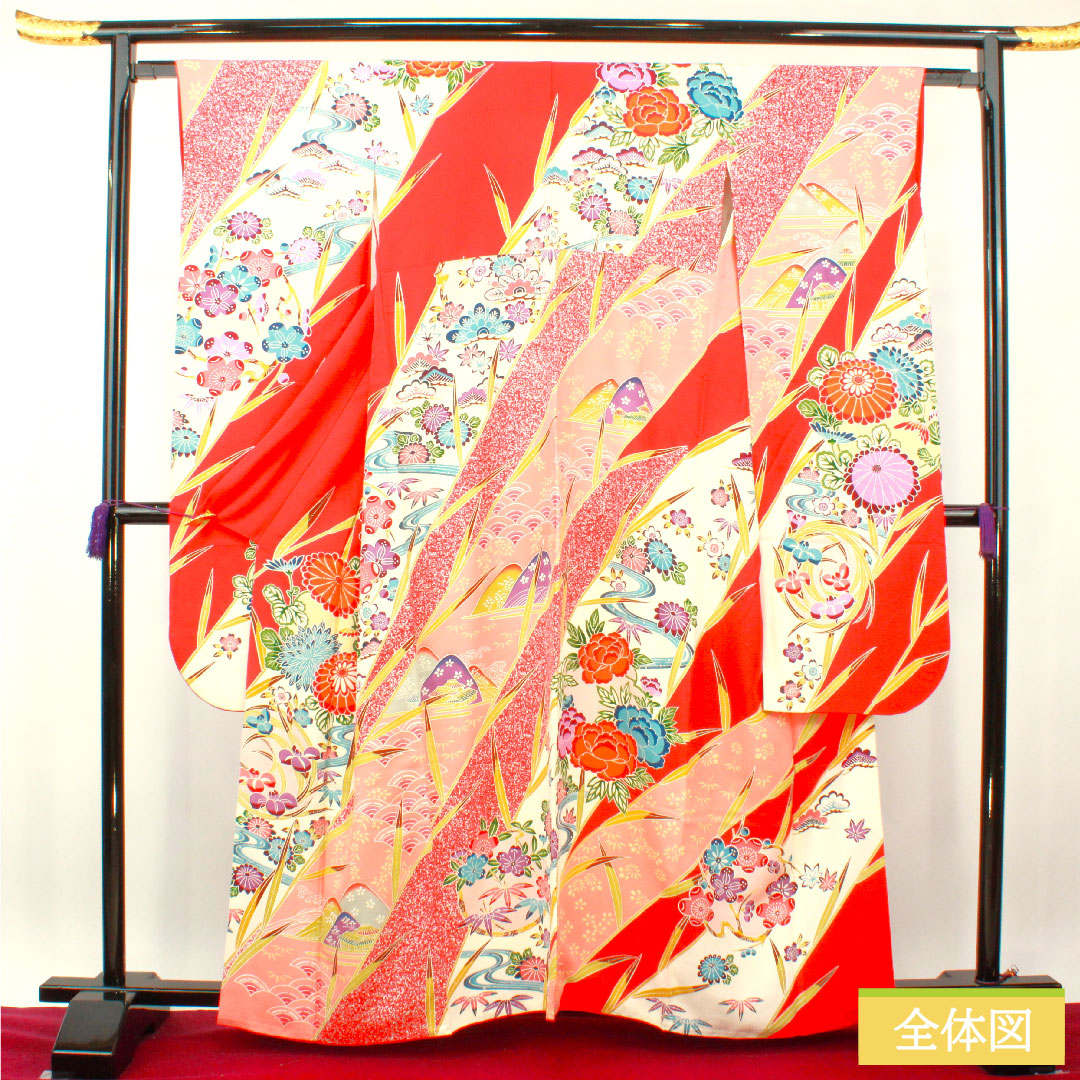 振袖 正絹 身丈161.5cm 裄丈62.5cm 袷 土耳古赤色(とるこあかいろ) 吉祥文様 Aランク 赤系 1113002023412