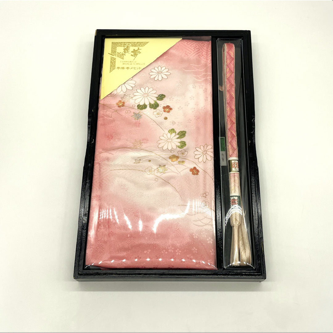 New Old Stock Obijime and Obiage Set, Pure Silk, New Rank, Peach Pink, Hand-braided Cord, Classic Pattern, Length approx. 160cm, Width approx. 1.7cm, Semi-formal, Pink Tones, 1141000581313