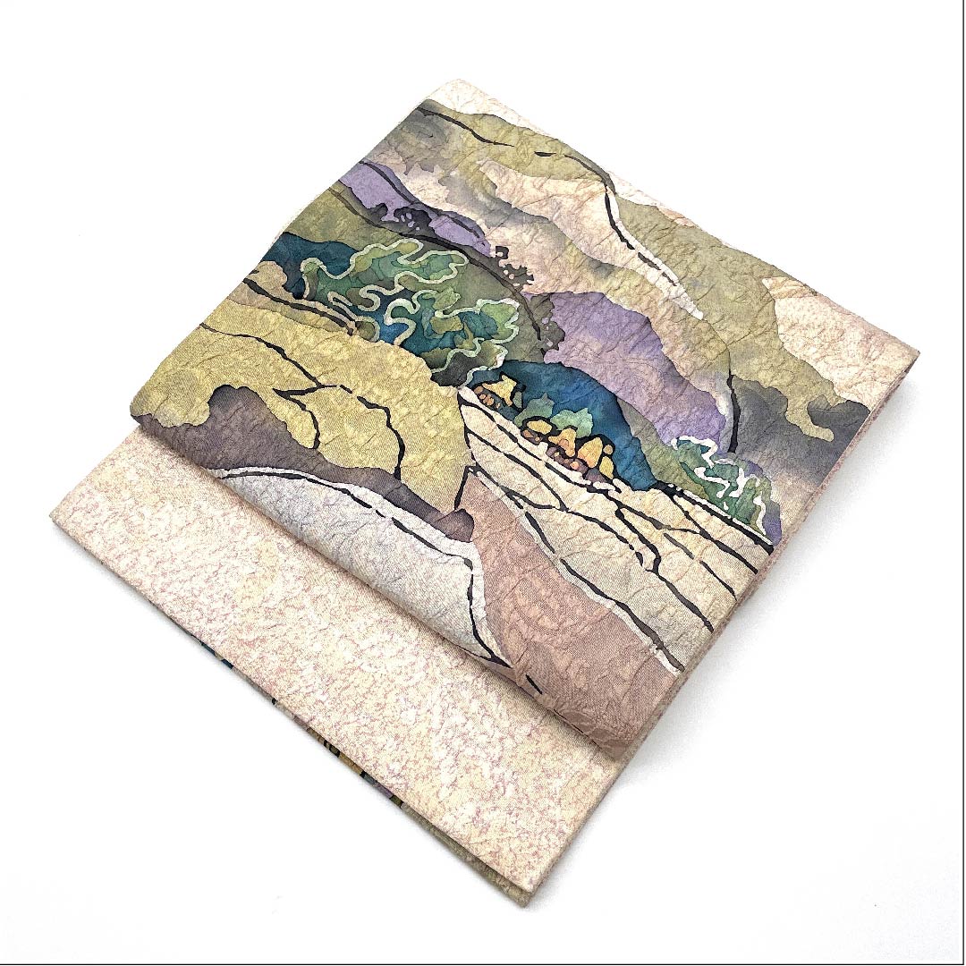 Fukuro Obi (light cherry blossom color) Landscape painting Dyed obi Length 440.5cm Pure silk B rank Six-pass Casual Pink 1123005554313