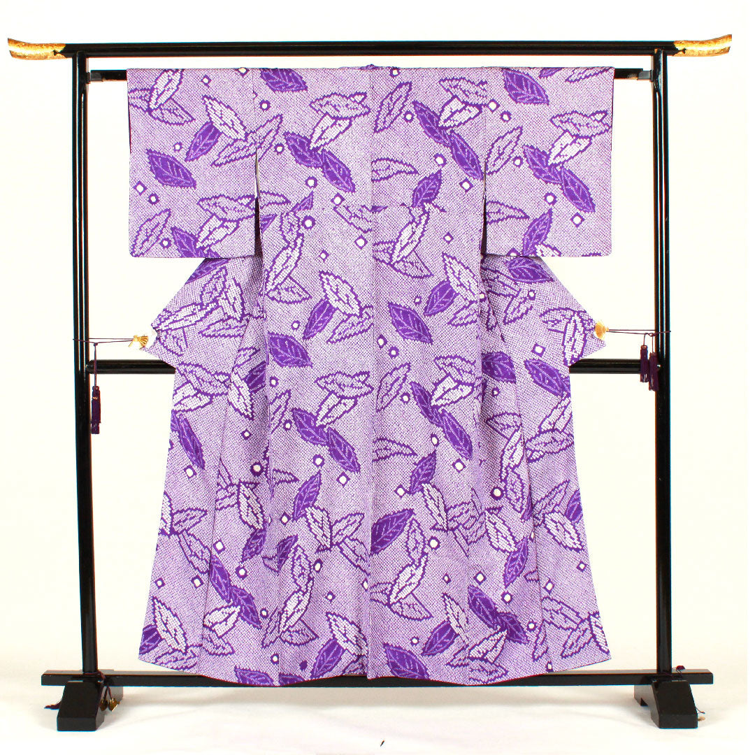 Komon, Length 158cm, Sleeve length 62cm, Awase, All tie-dye, Leaf pattern, Pure silk, A rank, Purple, 1115001883320