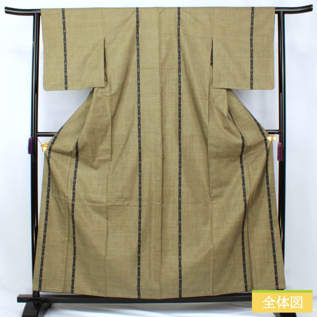 Silk Tsumugi (S-Rank) - Length 160.5cm, Sleeve Length 62cm, Kobichairo (Lustful Brown) - Authentic Oshima Tsumugi, Ichigen Kasuri Pattern, 7 Marks, Lined, Green, Product Number: 1116004522419