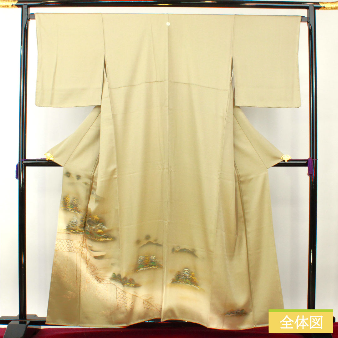 色留袖 正絹 身丈159cm 裄丈68cm 袷 亜麻色(あまいろ) 京友禅 風景模様 一つ紋 剣片喰 しつけ糸付き 未使用品 Sランク ベージュ系 1111001352325