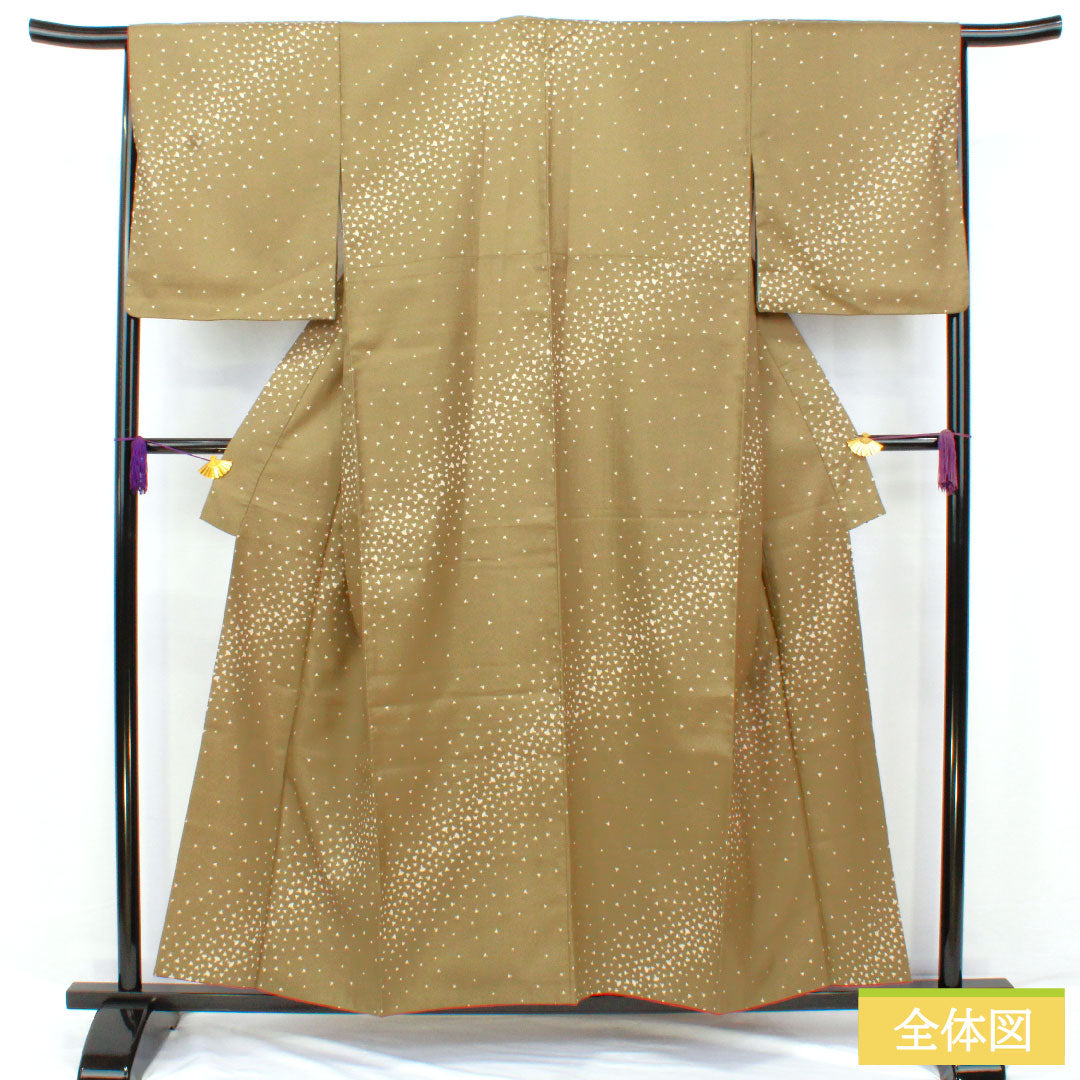 Small pattern, polyester, length 156cm, sleeve length 66.5cm, lined, antique brown, washable kimono, fan, S rank, green, 1115004602319