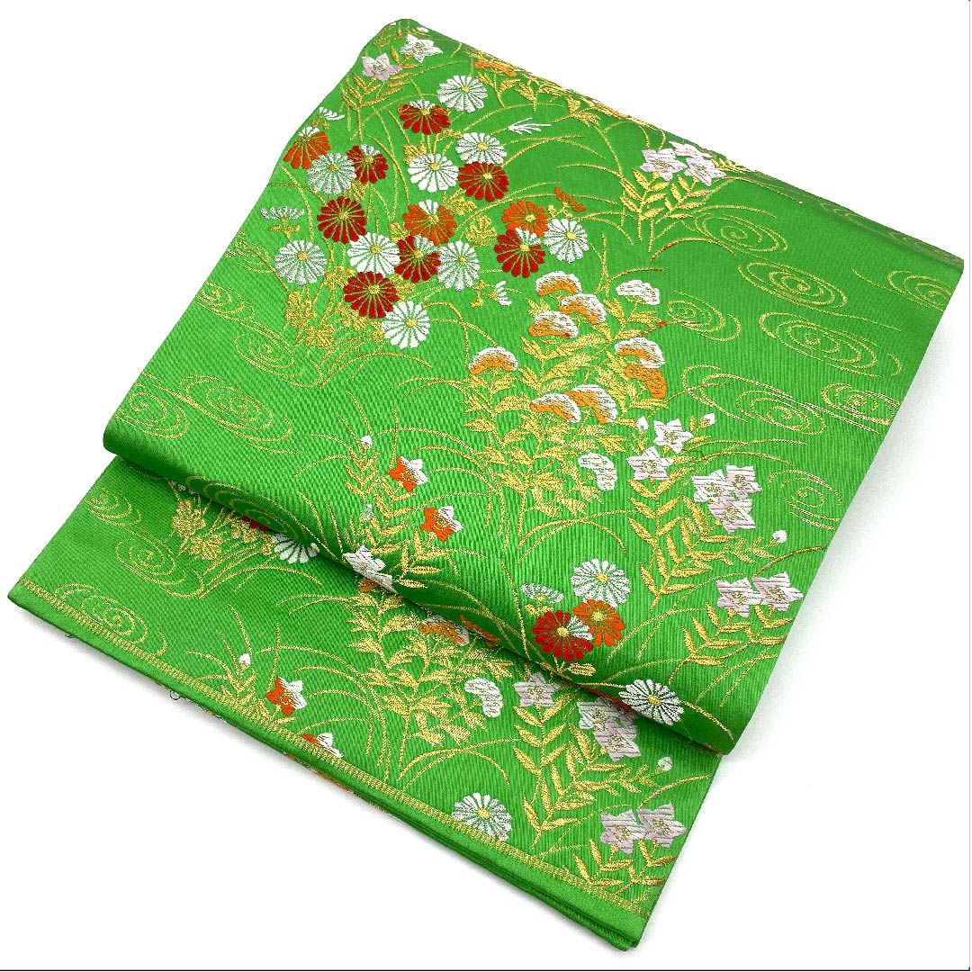 Fukuro Obi (light blue obi) Kanze Ryusui (water flowing stream), bellflower, chrysanthemum, pine, obi length 432cm, pure silk, S rank, six-pass, formal, green, 1123007012319