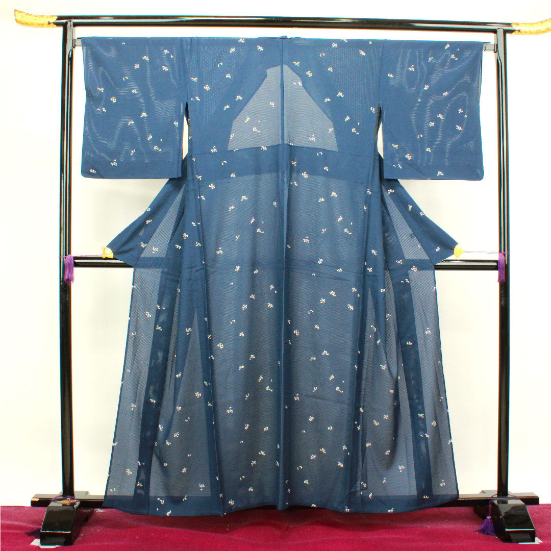夏物 正絹 小紋 身丈160cm 裄丈67cm 濃紺色(のうこんいろ) 菊の花びら 絽 Aランク 紺系 1132000523418