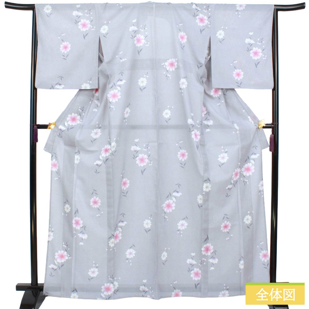 夏物 ポリエステル 小紋 Sランク 身丈164.5cm 裄丈66cm 水銀色(すいぎんいろ) 花柄 洗える着物 絽 グレー系 1132003592422