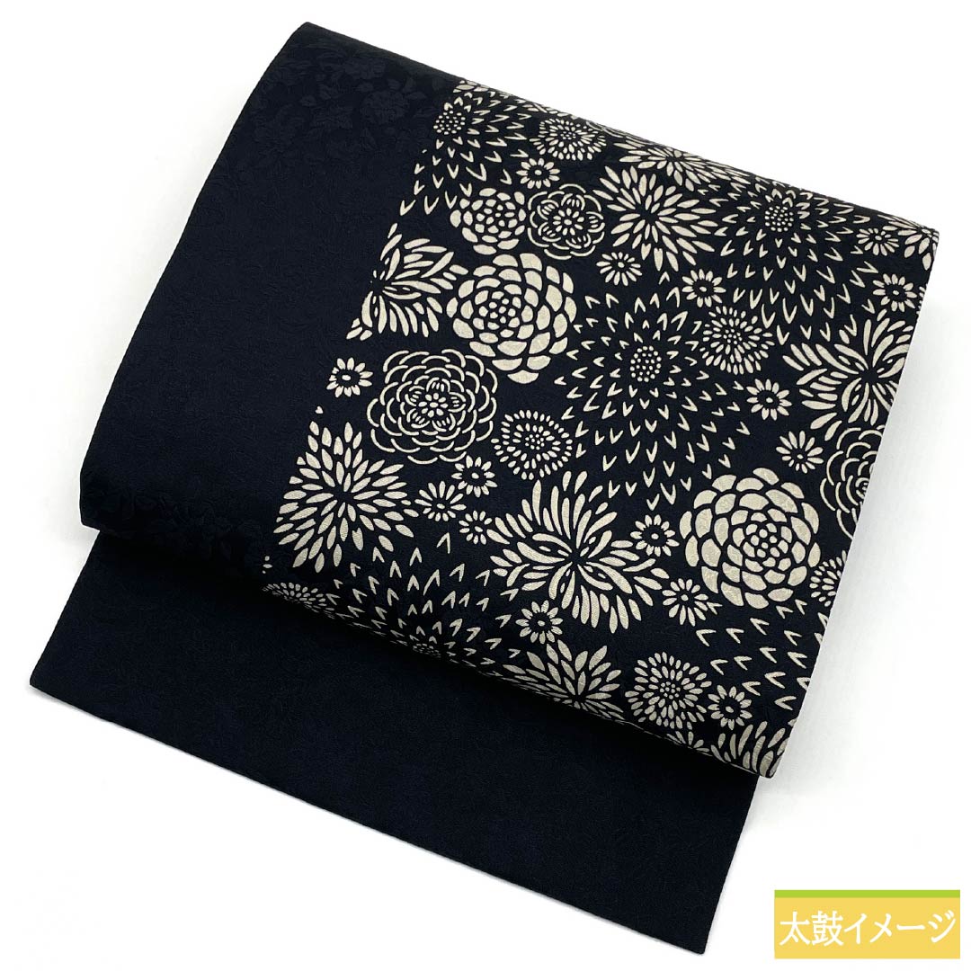 Nagoya Obi, Pure Silk, S-Rank, Ise Katazome (Stencil Dyed), with a Marjuchymth Floral Pattern, Length 365cm, Six-Ply, Casual, Black, Item Number 1124010572310, Nagoya Style