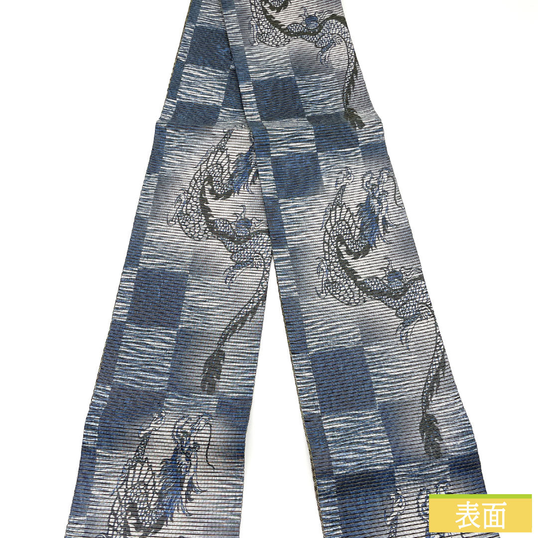 (Brand new, unused) Half-width Obi, Pure Silk, New Rank, Dragon, Paper Cloth, Scales, Reversible, Full Length, Animal Print, Obi Length 444cm, Gray, Item Number 1125002301422