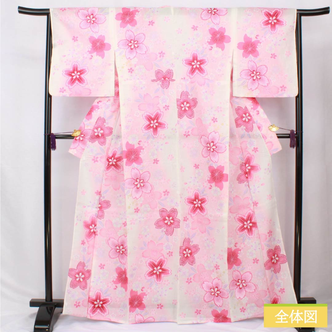 Cotton Yukata, Length 165.5cm, Sleeve Length 65cm, A Rank, Single Layer, Pink/Light Crimson (Asabe Niiro) with Cherry Blossom and Glitter Design, Product Number: 1118006123513