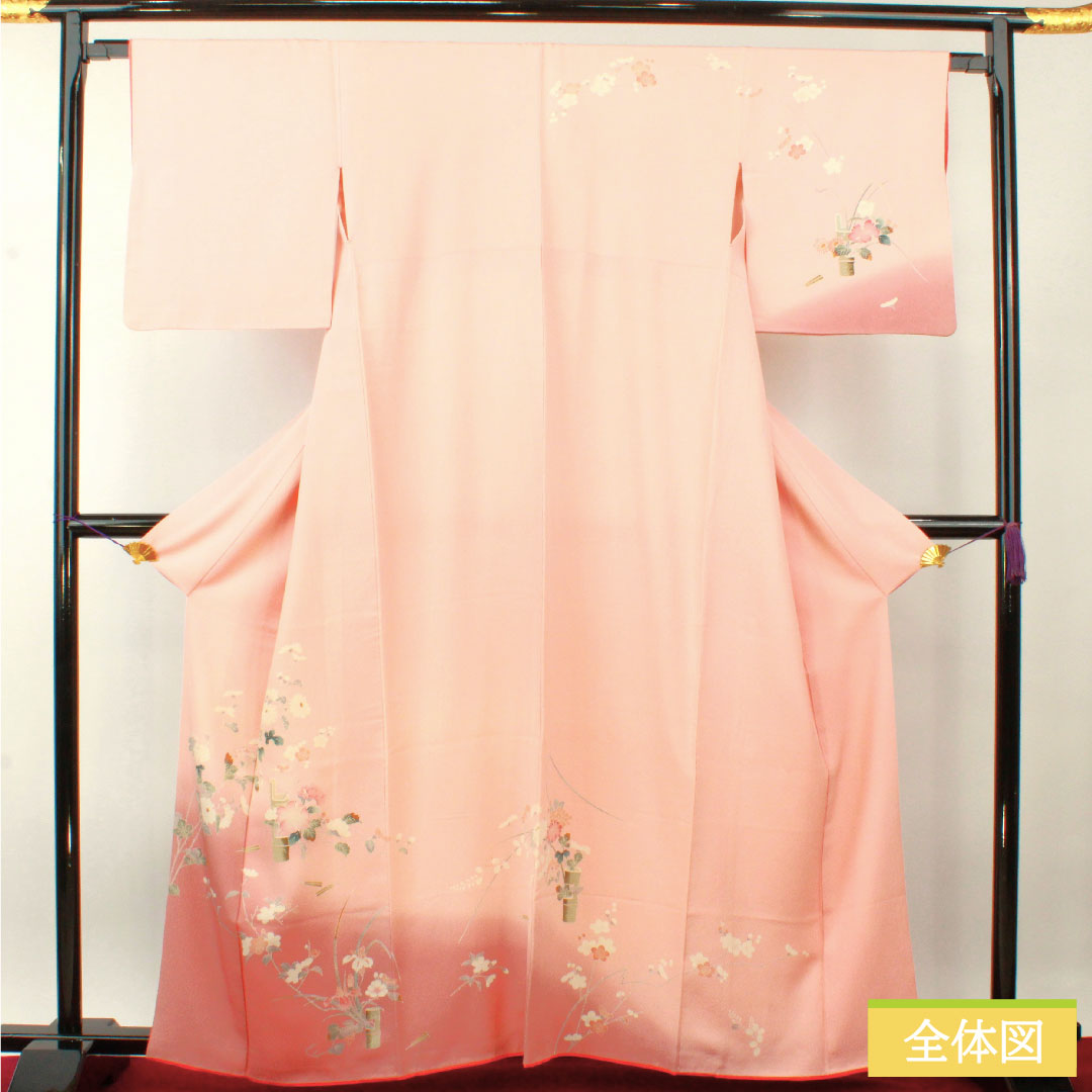訪問着 正絹 袷 身丈161.5cm 裄丈65.5cm 曙色(あけぼのいろ) 京友禅 草花模様 Aランク ピンク系 1112004363413