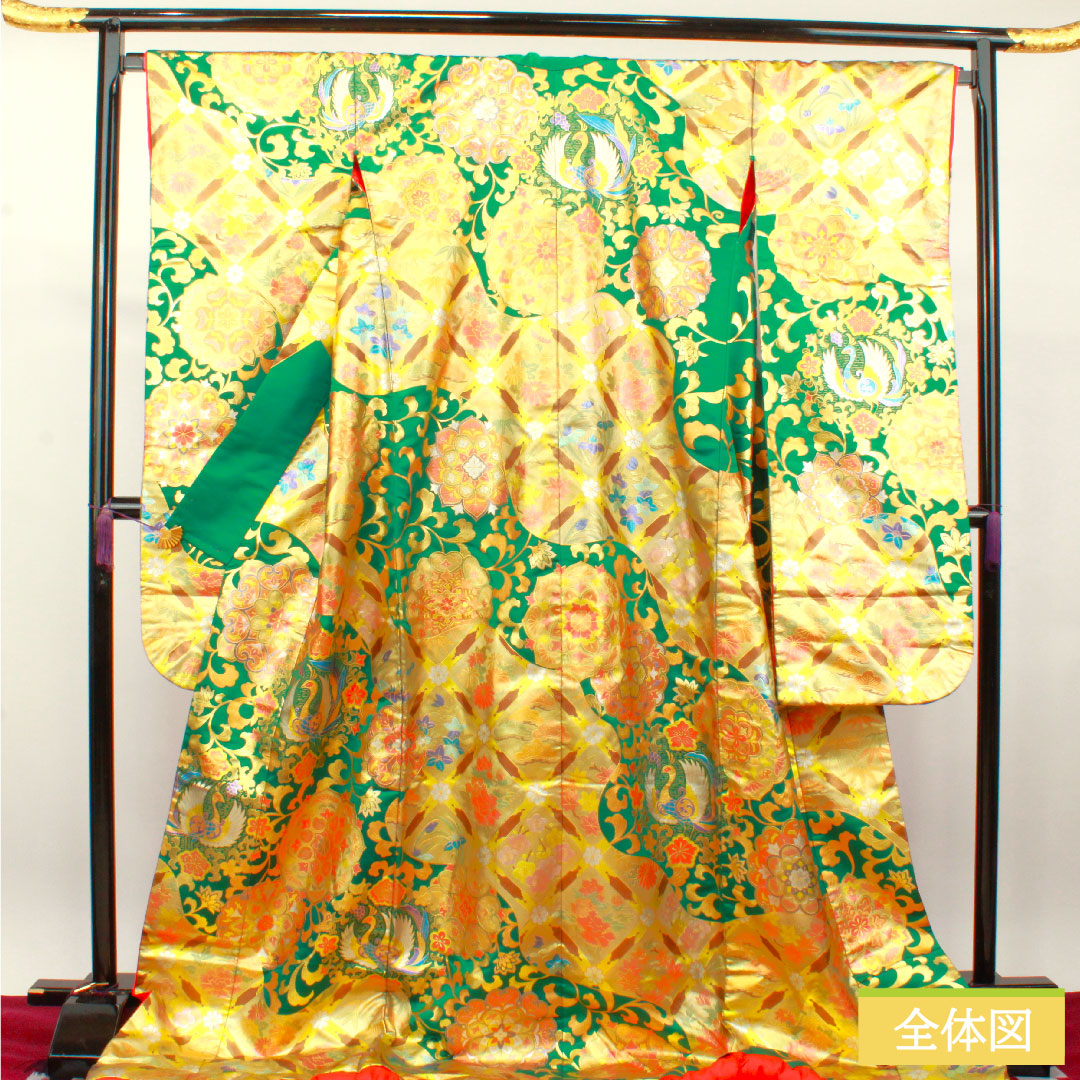 Colored uchikake, pure silk, length 196cm, sleeve length 68.5cm, gold leaf finish, phoenix, cloisonne, floral pattern, auspicious motif, S rank, lined, green, 1110000692919