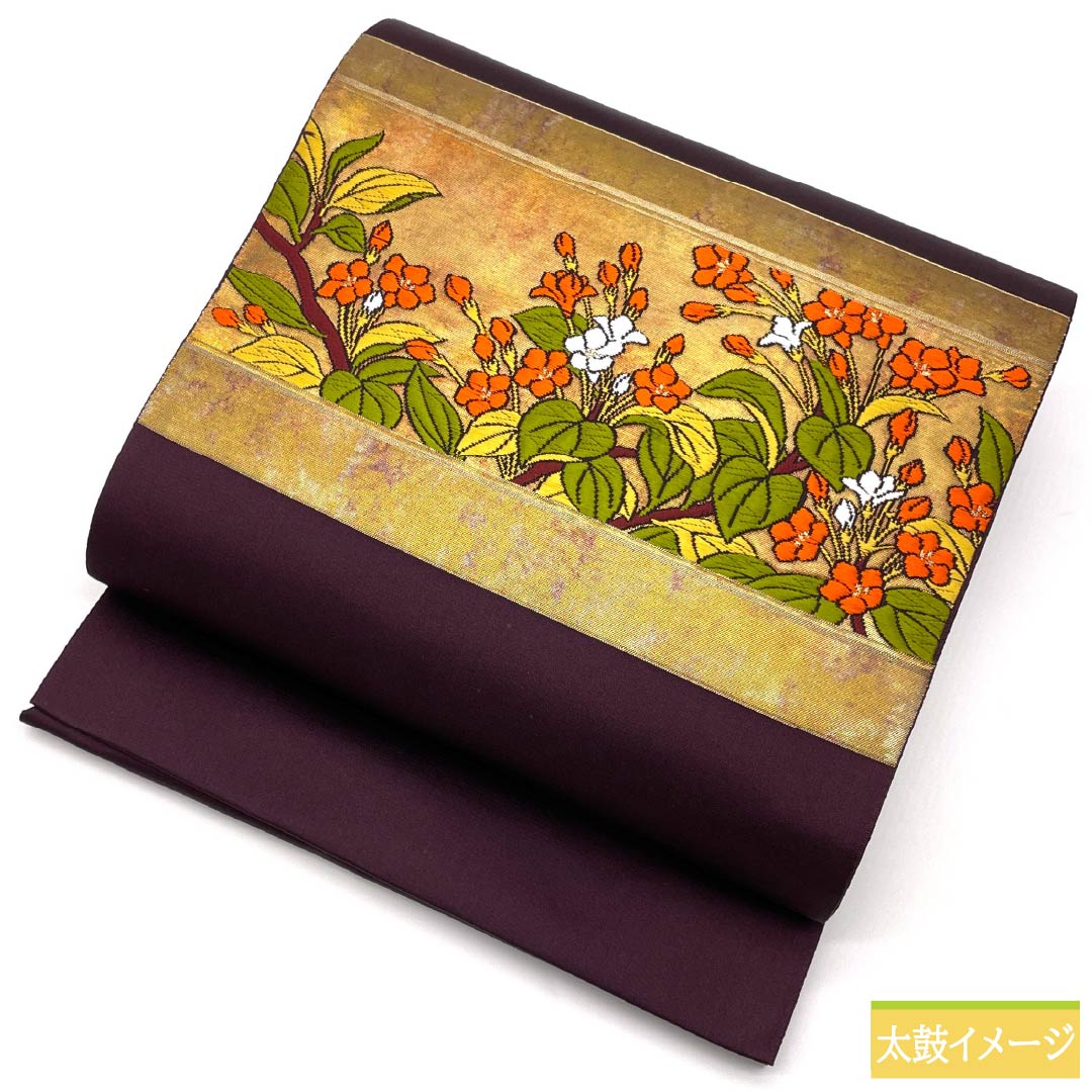 Nagoya Obi, Crimson Ink Color, Floral Pattern, 347cm Long, Pure Silk, S-Rank, Pointed Pattern, Semi-Formal, Purple, 1124009022320, Pine Needle Style